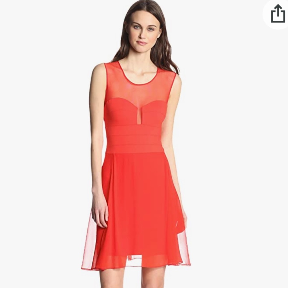Bright Orange/Red BCBG Bodycon Bandage Illusion Chiffon Silk Miranda Dress, Sz 6